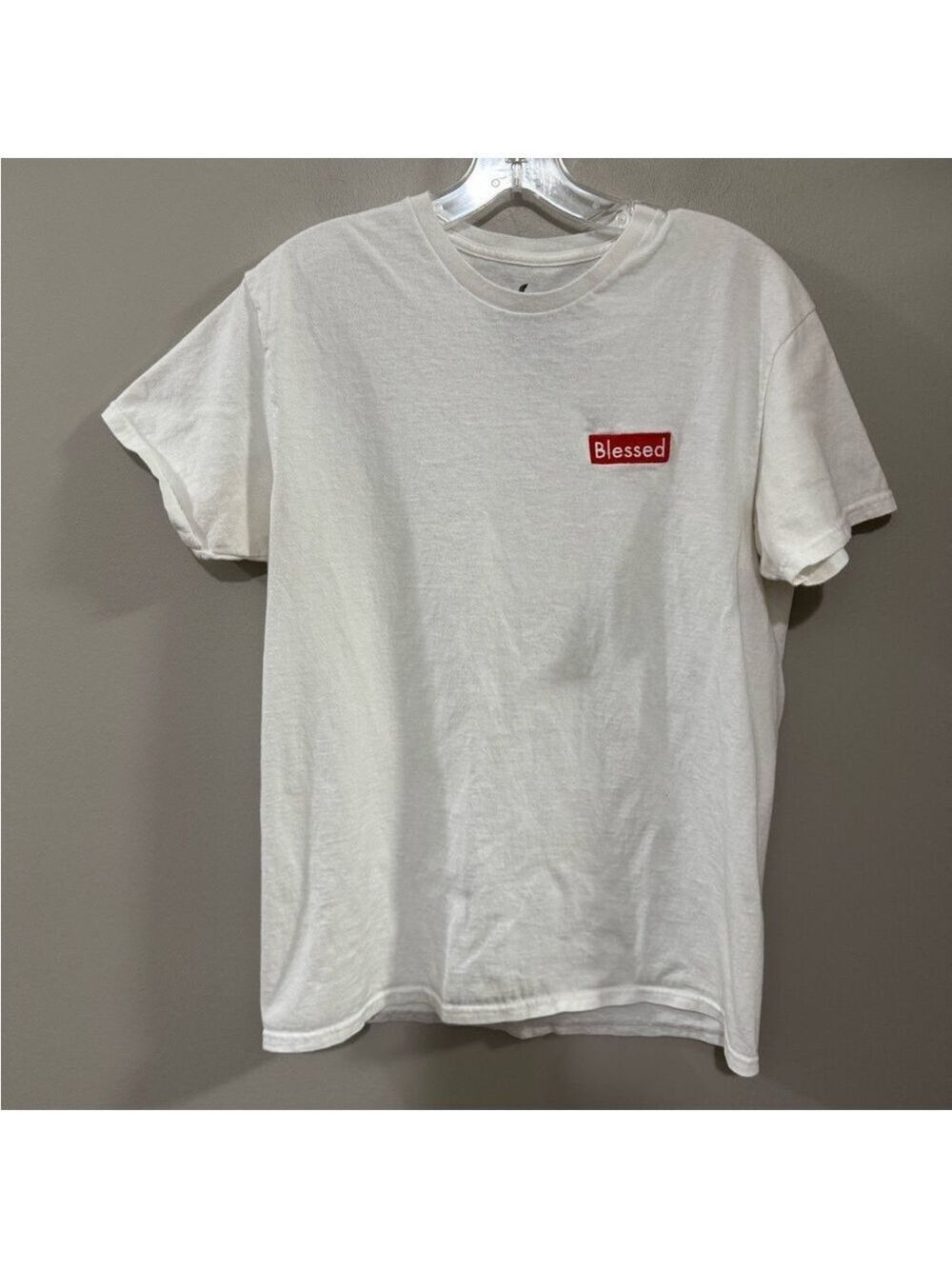 Men's Vibe White Short Sleeve Tee with Blessed Minimalist Design. Size Medium